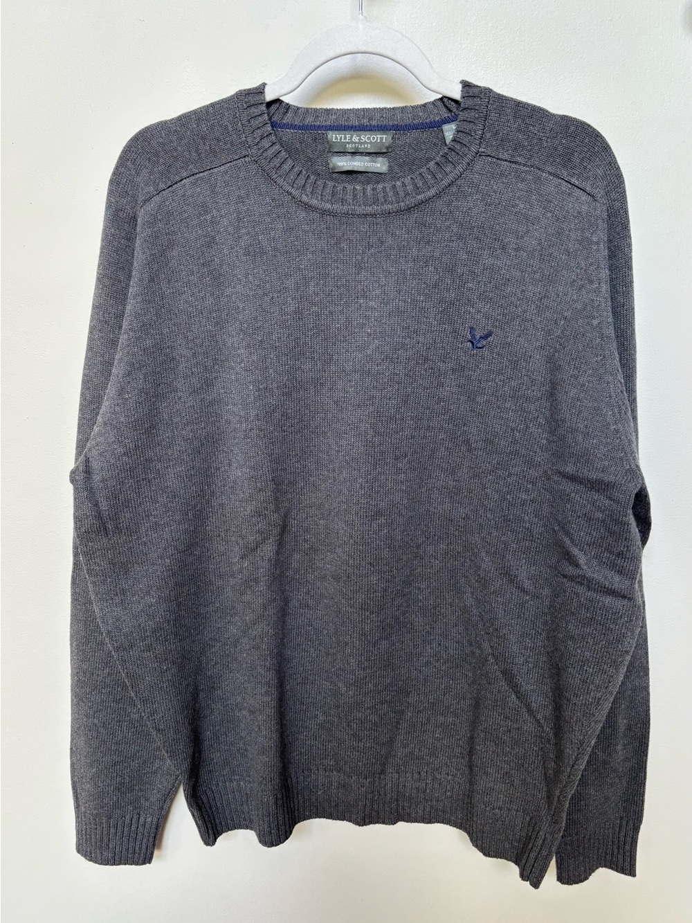 Lyle & Scott Men's Dark Gray Crewneck Combed Cotton Sweater with Navy Logo Large